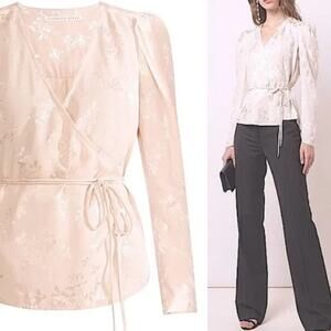 Veronica Beard Blouse Sz 6 Beige Silky Jacquard Wrap Top Puff Shoulders Luxury